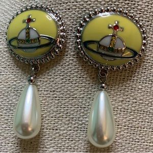 Vivienne Westwood silver tone yellow enamel pearl drop earrings